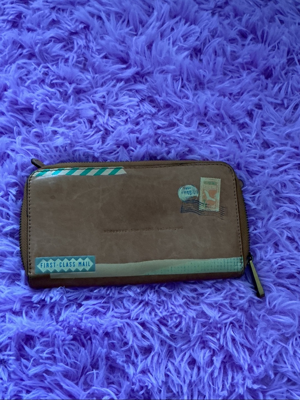 Fossil Brown Zip-Around Travel Wallet with Postal Graphic